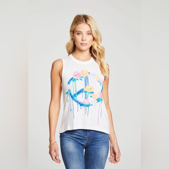 Chaser Tops - Chaser Drippy Peace Flowers White Muscle Tank Top NEW Small